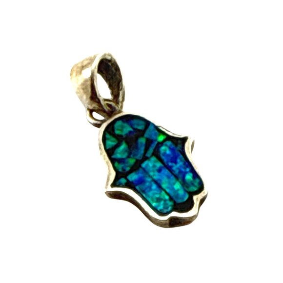Sterling Silver Mosaic Opal Hamsa Hand Pendant Blue Green 1"  Signed 925 - Picture 7 of 8